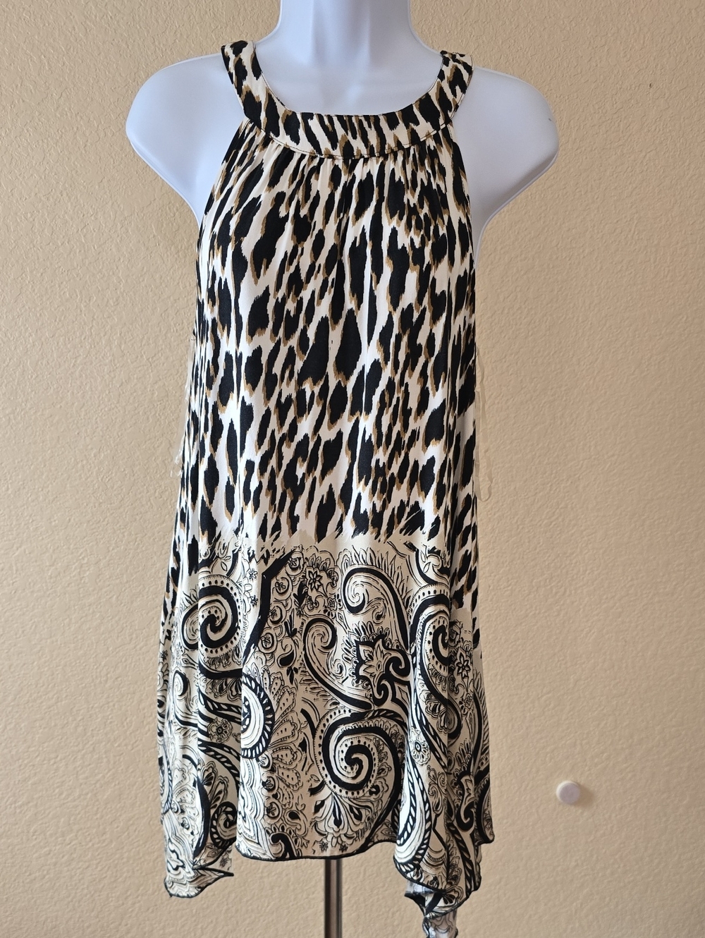 Sleeveless Animal Print Tunic with Paisley Border - Black & Cream